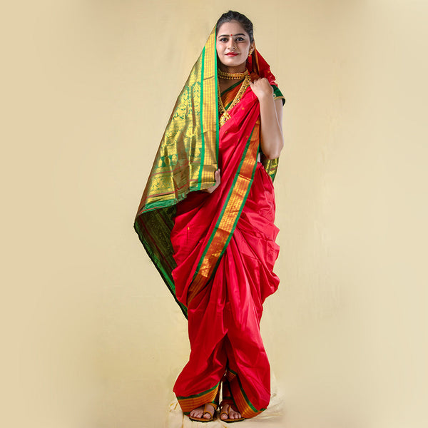 Readymade Red Nauwari Saree – Bold Traditional Ready Wear