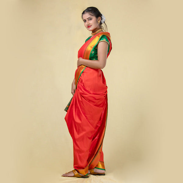 Unstitched Orange Nauvari Saree – Sunny Traditional Fabric