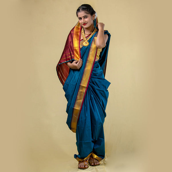 Unstitched Peacock Blue Nauvari Saree – Elegant Silk-Cotton Material