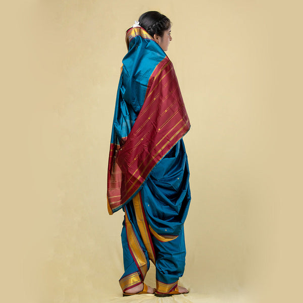 Unstitched Peacock Blue Nauvari Saree – Elegant Silk-Cotton Material