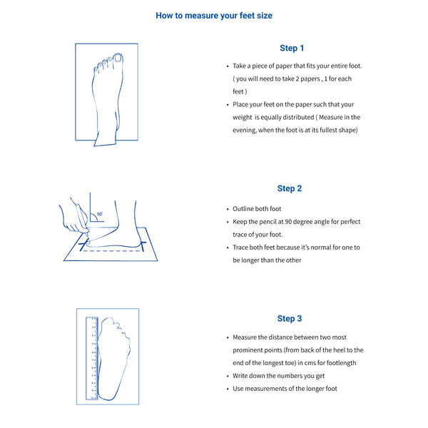Instructions on how to measure foot size with illustrations and text.