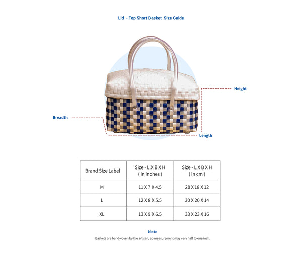 Lid-top short (half) basket size chart – M to XL dimensions in inches and cm