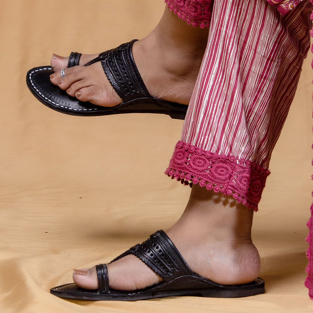 Pure Leather Kolhapuri Kolhapuri Chappals For Girls Eternal Black