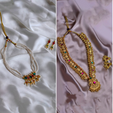 Combo of Maroon And Green Stone Tanmani Set and Traditional Gold Plated Kolhapuri Saaj Necklace