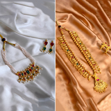 Combo of Long Pendant Tanmani Set and Artisanal Geru Plated Kolhapuri Saaj