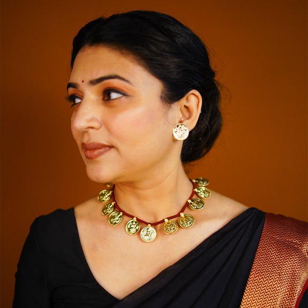 Maroon Thread Lakshmi Coin Haar Necklace
