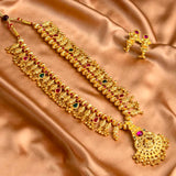 Combo of Long Pendant Tanmani Set and Artisanal Geru Plated Kolhapuri Saaj