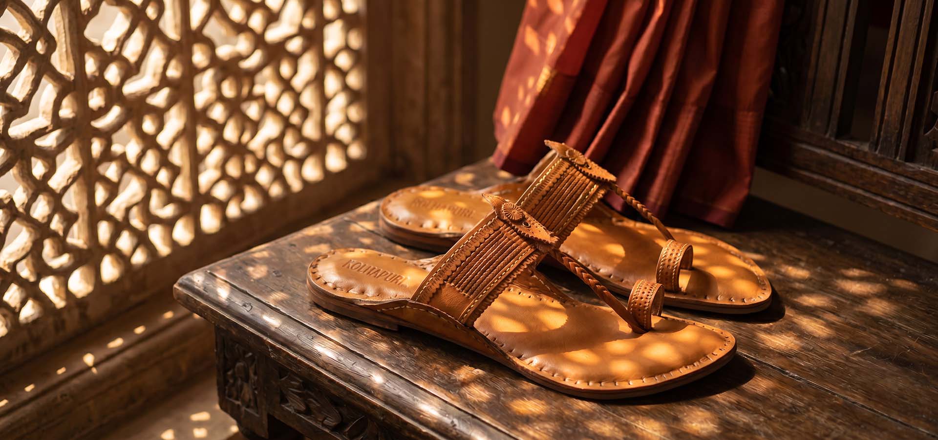 Child wearing handmade Kolhapuri chappals for kids - Kalapuri