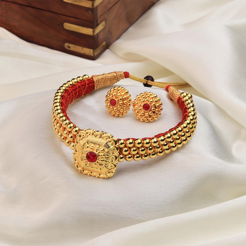 Traditional Maharashtrian Kolhapuri Gadi Tik - Red Stone Drop Choker