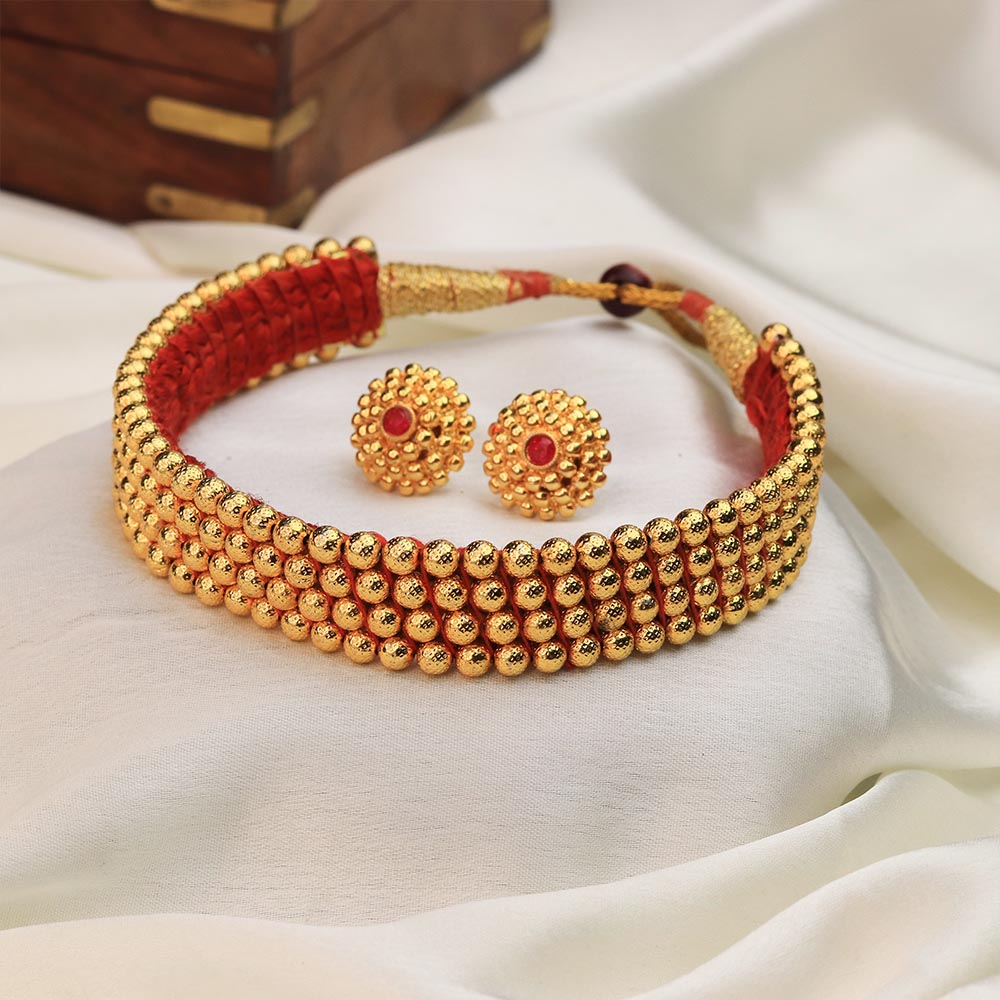 Traditional Maharashtrian Kolhapuri Gadi Tik - Classic Bead Wide Choker Set