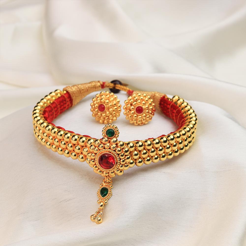Traditional Maharashtrian Kolhapuri Gadi Tik - Dual Stone Drop Choker Set - view 3