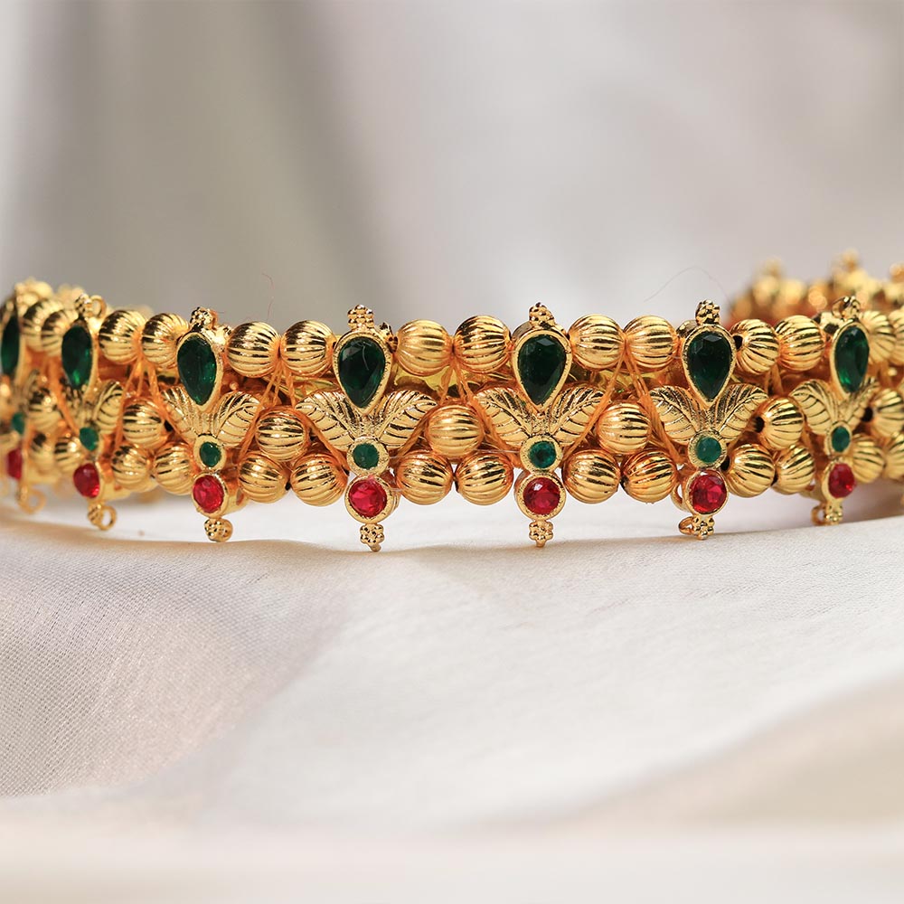 Traditional Maharashtrian Kolhapuri Gadi Tik - Green Red Floral Stone Choker Set - view 4