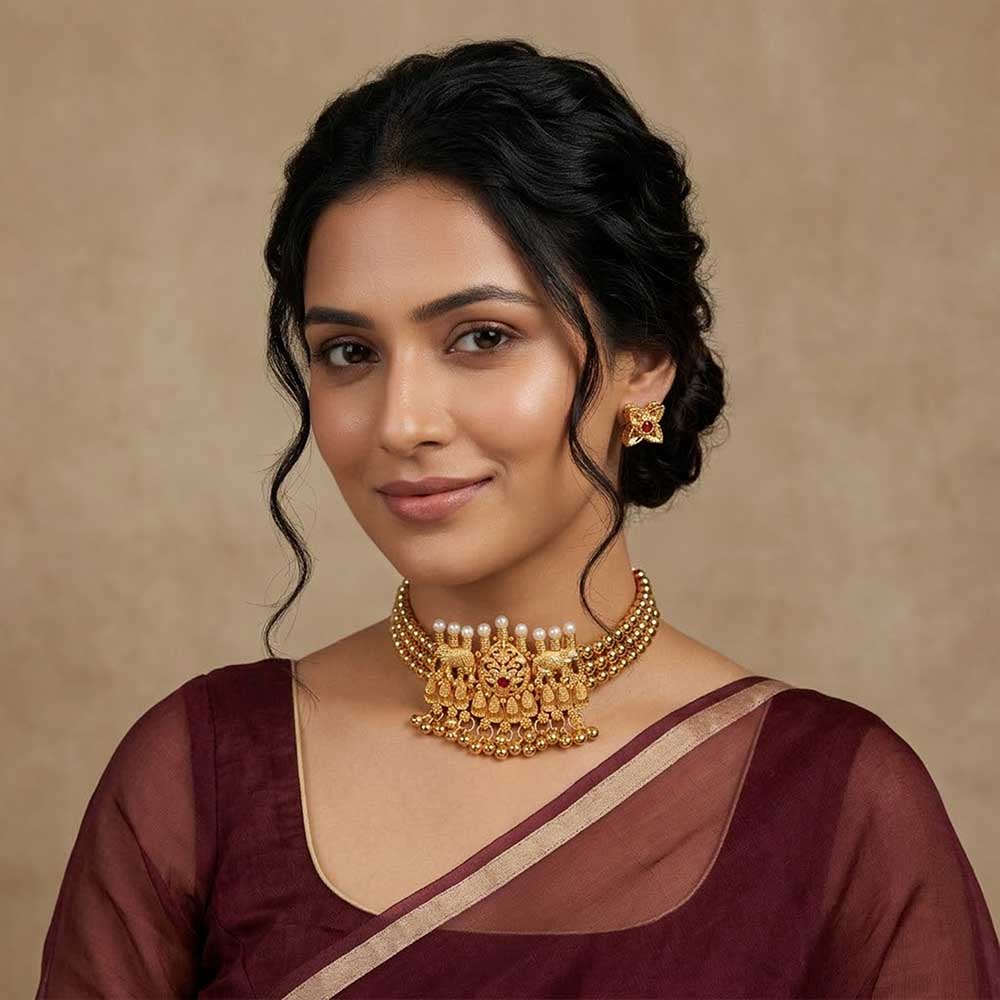 Traditional Maharashtrian Kolhapuri Gadi Tik - Minimal Floral Motif Choker Set - view 2