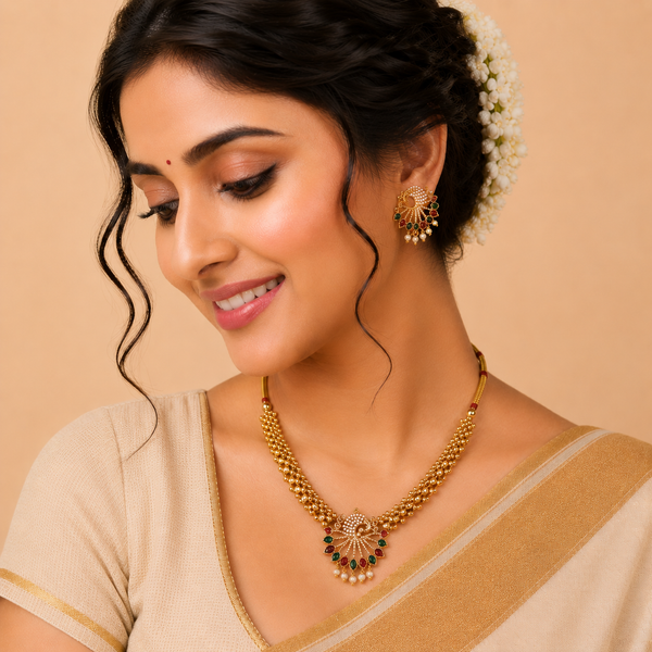 Peacock Pearl Temple Necklace