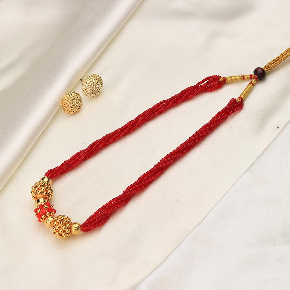 Traditional Maharashtrian Kolhapuri Mangalsutra - Red Multi Strand Beaded Gold - view 3