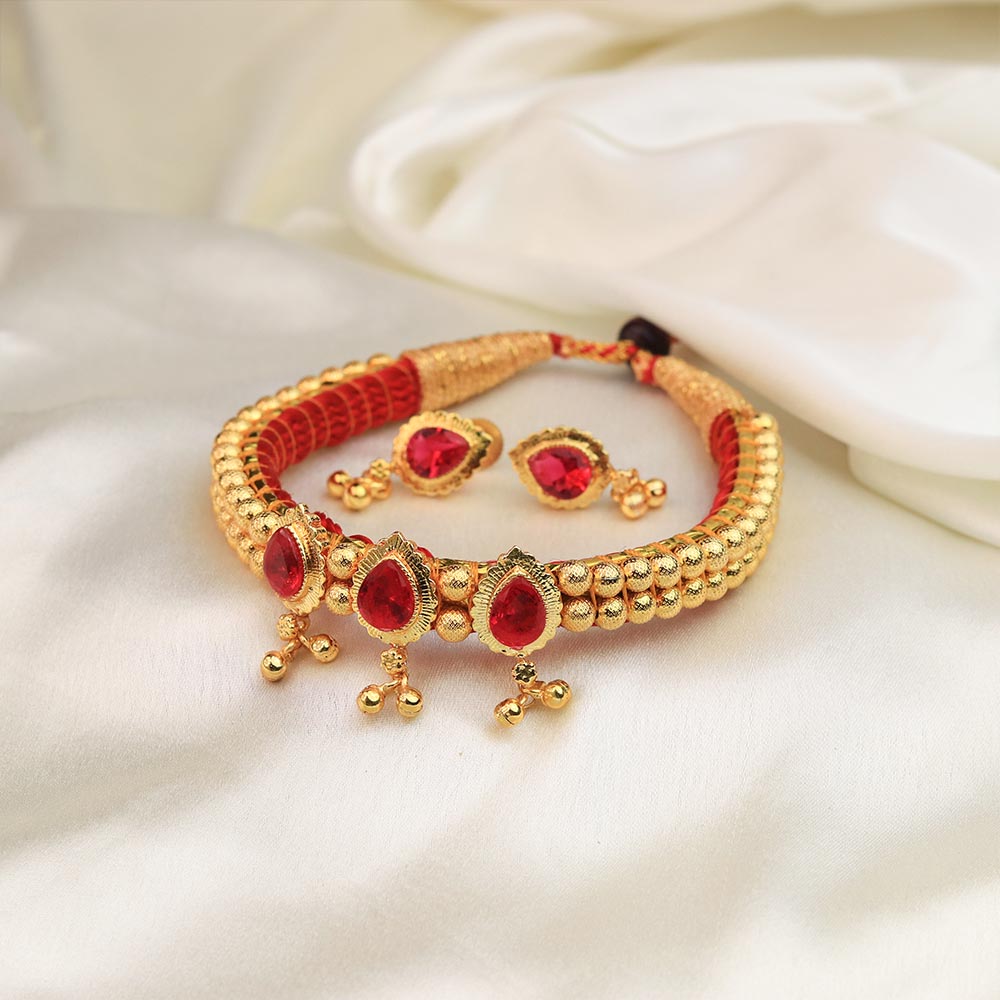 Traditional Maharashtrian Kolhapuri Gadi Tik - Red Bead Designer Choker - view 3