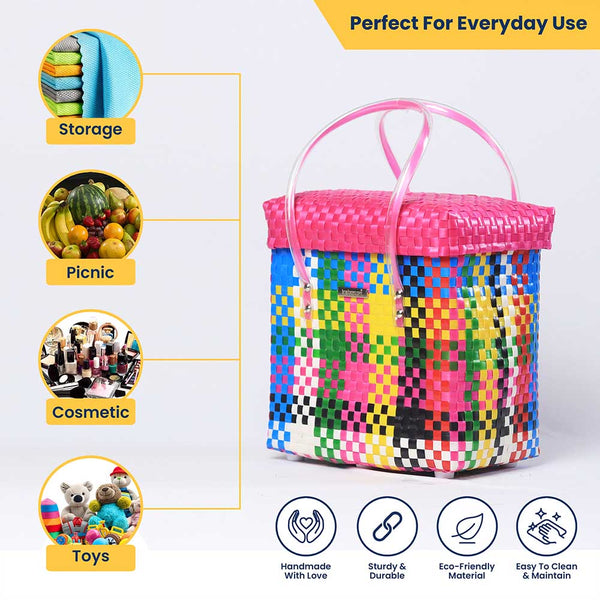 Multicolor Lid‑Top Basket – Handwoven All‑Purpose Storage