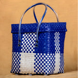 Handwoven Strong Picnic White Blue Basket with Lid