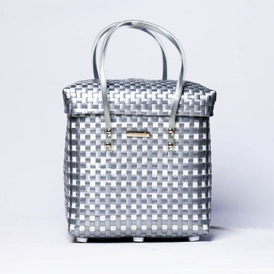 Grey & White Lid-Top Basket – Elegant Handwoven Weave