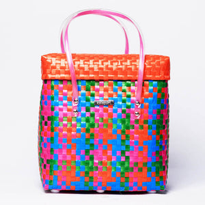 Multicolor Handwoven Basket with Grey Lid – Reusable Shopping & Storage Basket