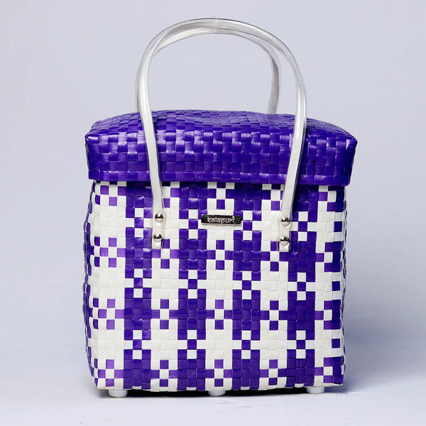 Kalapuri handmade colourful lid top basket bright toned weave with secure lid.