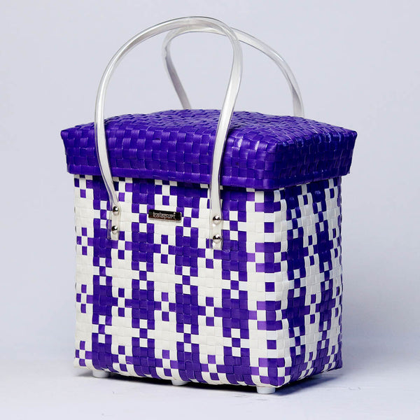 Kalapuri handmade colourful lid top basket bright toned weave with secure lid.