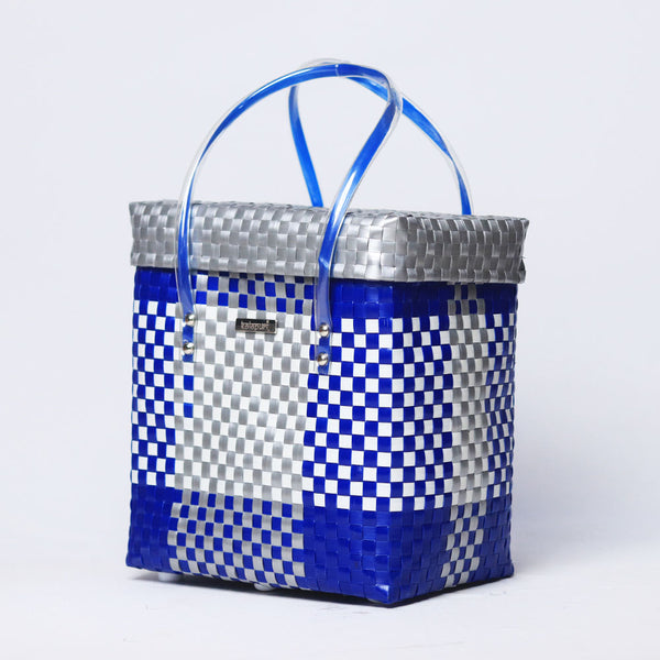 Kalapuri handmade blue and white lid top basket nautical weave storage design.