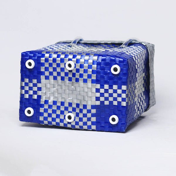 Kalapuri handmade blue and white lid top basket nautical weave storage design.