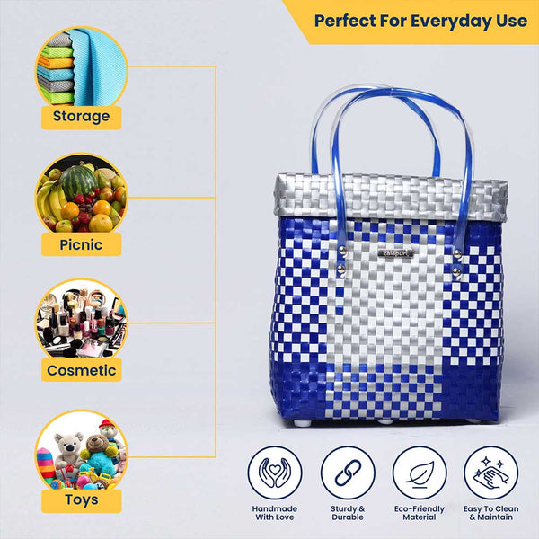 Blue‑White Lid‑Top Basket – Nautical Weave Storage with Lid