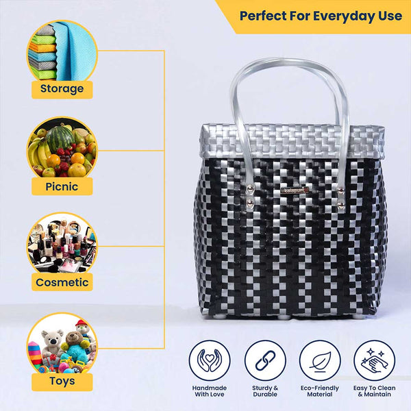 Black‑Grey Lid‑Top Basket – Stylish Modern Weave Storage