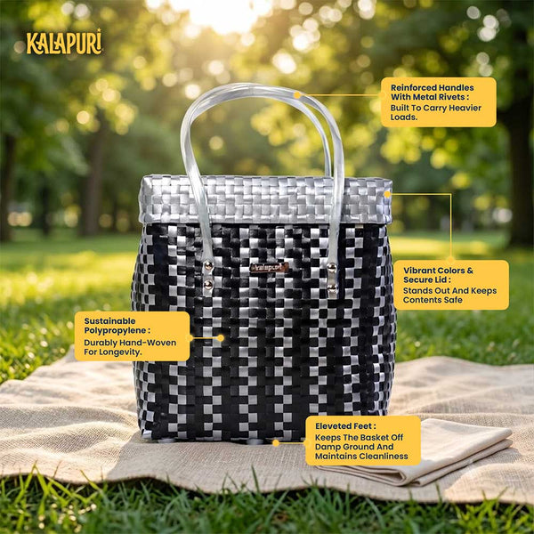 Black‑Grey Lid‑Top Basket – Stylish Modern Weave Storage