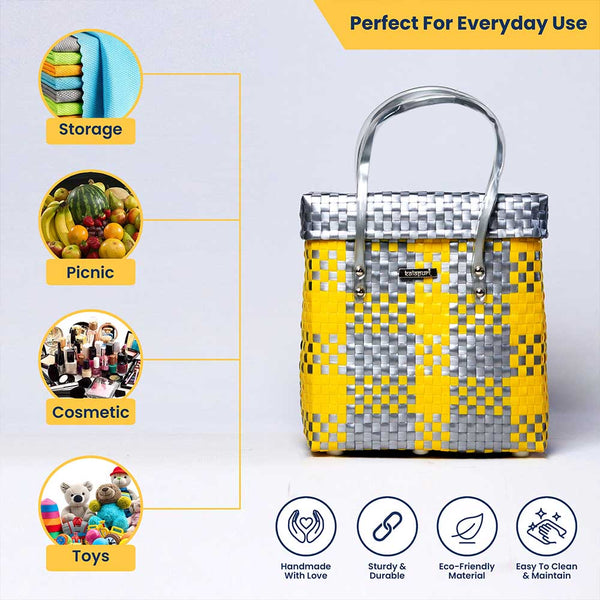 Yellow‑Grey Lid‑Top Basket – Chic Two‑Tone Weave with Lid