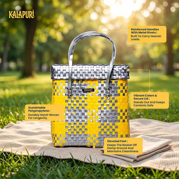 Yellow‑Grey Lid‑Top Basket – Chic Two‑Tone Weave with Lid