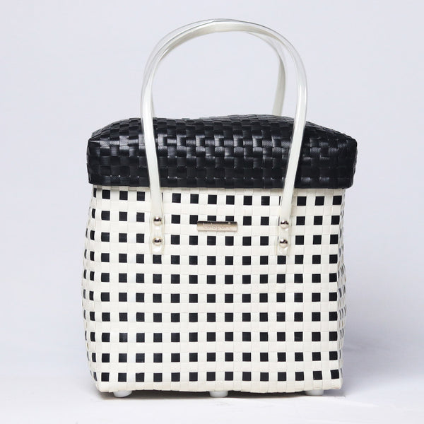 Kalapuri handmade white and black lid top basket contrasting weave storage basket.