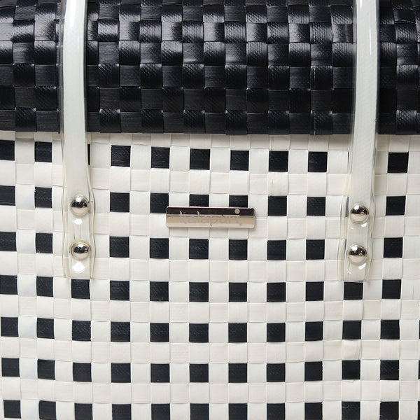 Kalapuri handmade white and black lid top basket contrasting weave storage basket.