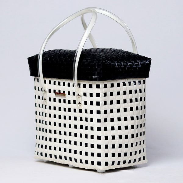 Kalapuri handmade white and black lid top basket contrasting weave storage basket.