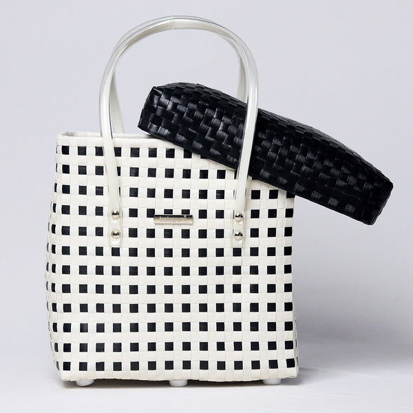 Kalapuri handmade white and black lid top basket contrasting weave storage basket.