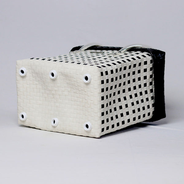 Kalapuri handmade white and black lid top basket contrasting weave storage basket.