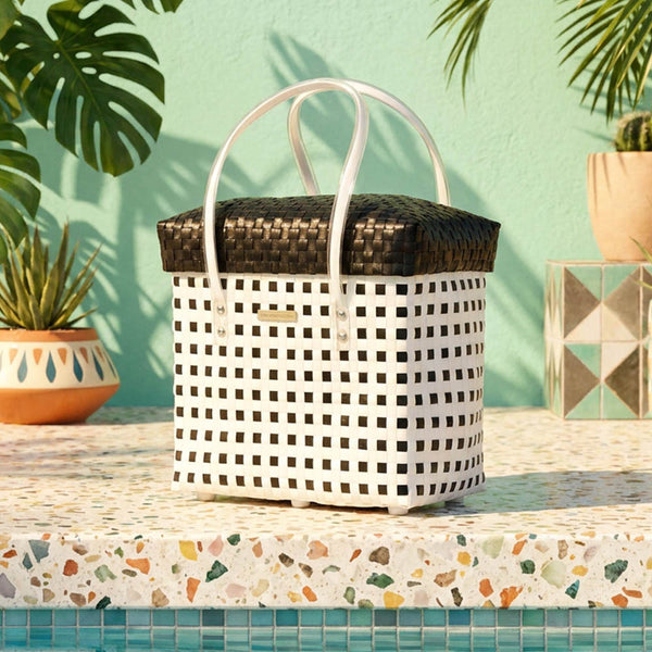 White‑Black Lid‑Top Basket – Contrasting Weave Storage Basket