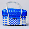 Blue and white handwoven half basket with lid for stylish home storage