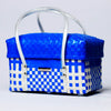 Blue and white handwoven half basket with lid for stylish home storage