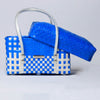 Blue and white handwoven half basket with lid for stylish home storage