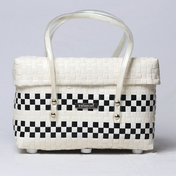 Black and white modern handwoven half basket with lid