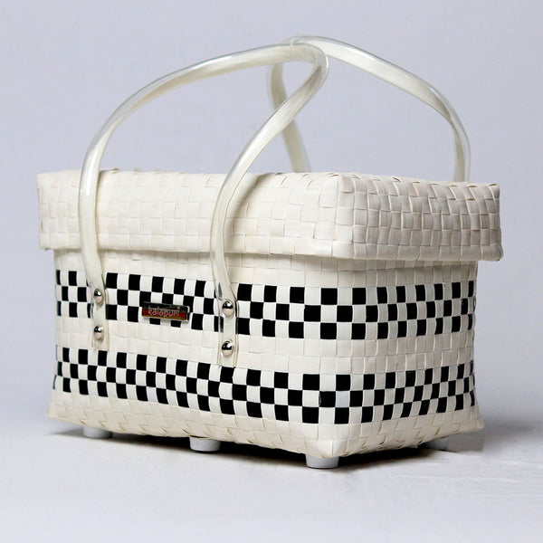 Black and white modern handwoven half basket with lid