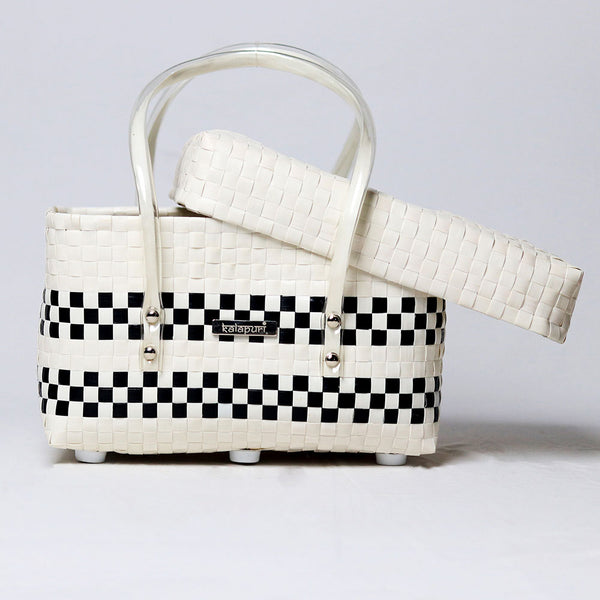 Black and white modern handwoven half basket with lid