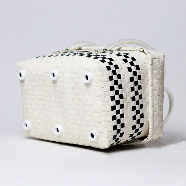 Black and white modern handwoven half basket with lid