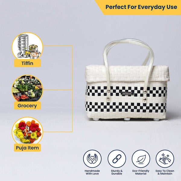 Black & White Half Basket with Lid – Monochrome Modern Tote