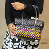 Colorful short handwoven basket with lid
