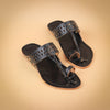 Kids black Kolhapuri chappal with handcrafted cutwork strap and toe loop