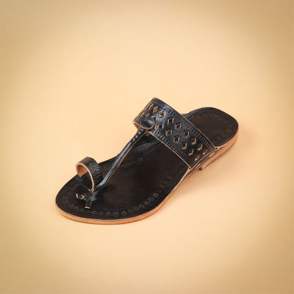 Kids black Kolhapuri chappal with handcrafted cutwork strap and toe loop